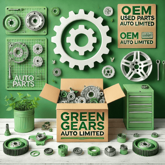 Box of used OEM auto parts with green gears for sustainable driving in the U.S.