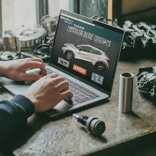 Digital retailing in auto parts shown on a laptop screen with automotive components around.