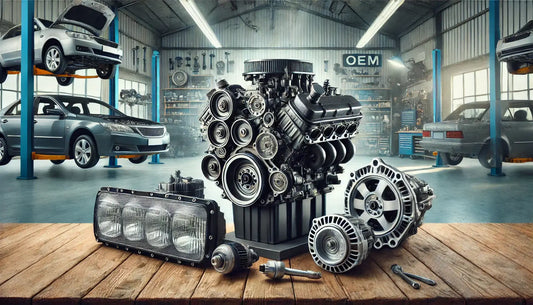 OEM used car parts displayed in an auto shop setting