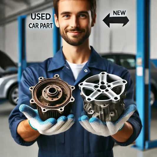 Mechanic comparing used auto parts and new car components in a garage setting