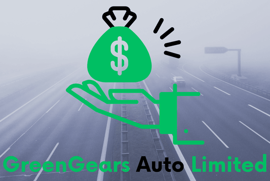 GreenGears Auto Limited logo emphasizing green auto parts savings on a highway background